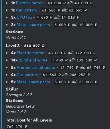 Hideout Stations Upgrade Lookup